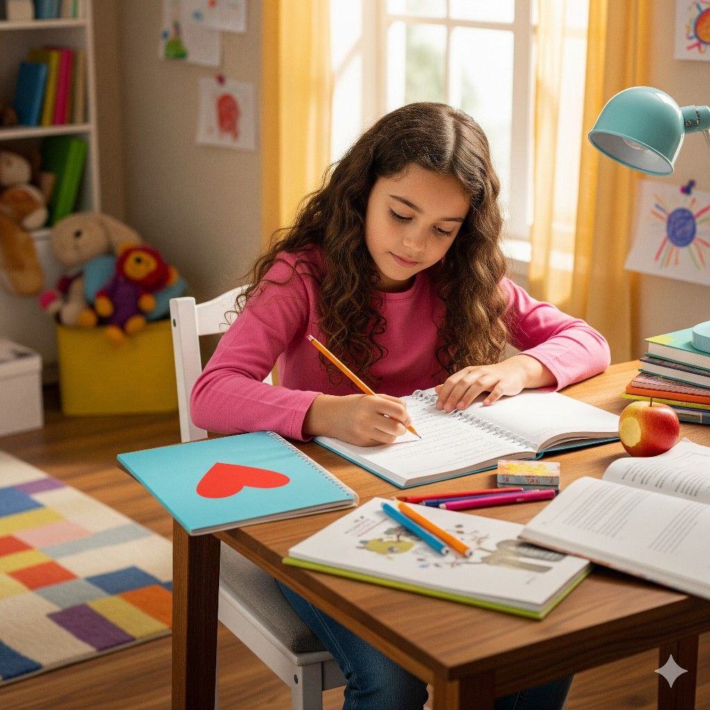 a girl writing her home work