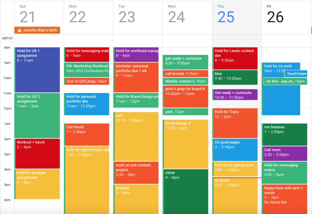 a colored-coded calendar as part of first day of school organization ideas