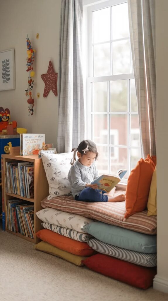 a kid reading in a cozy space