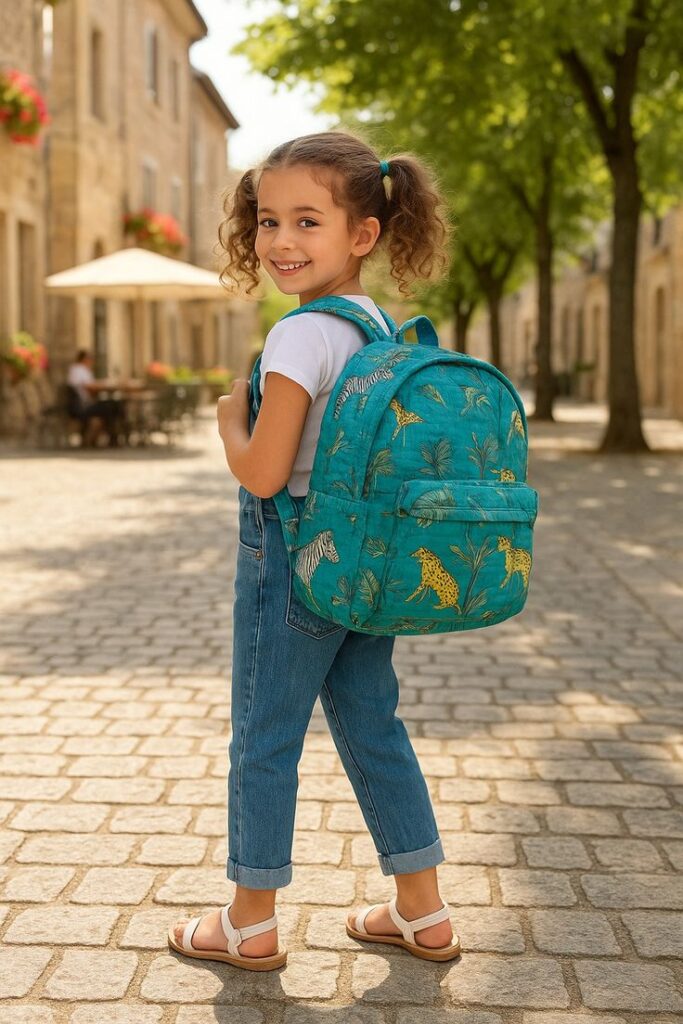 a kid smiling with her school backpack