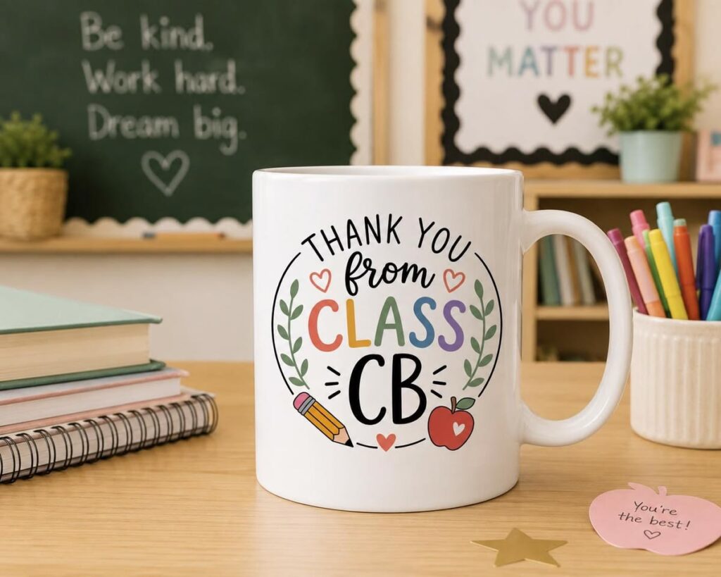 a personalized cup as a class group gift to teacher