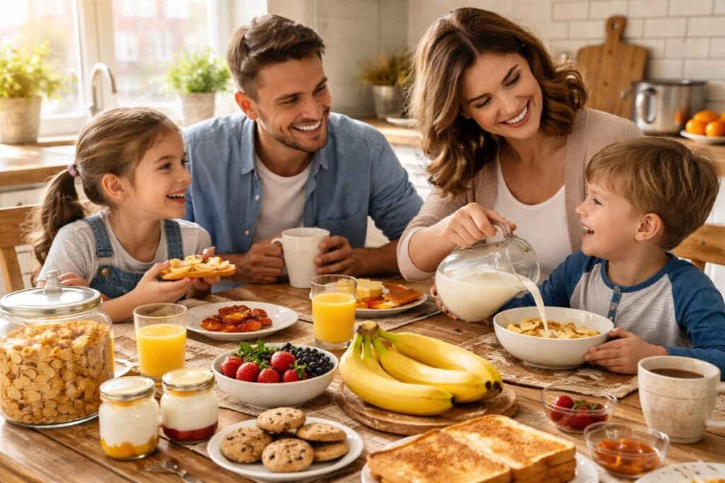 family eating together as first week of school activities