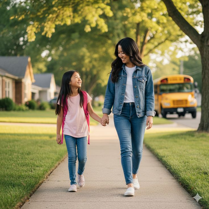picture of school kid and mom walking to school
