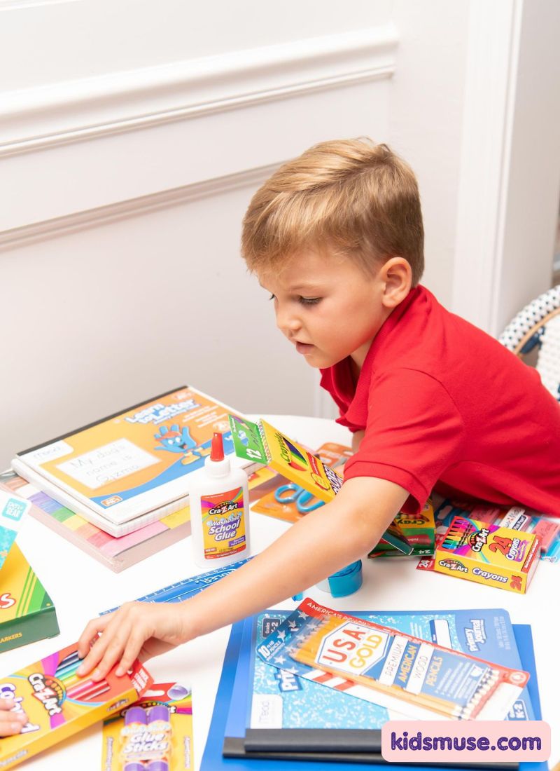 a kid arranging his school items