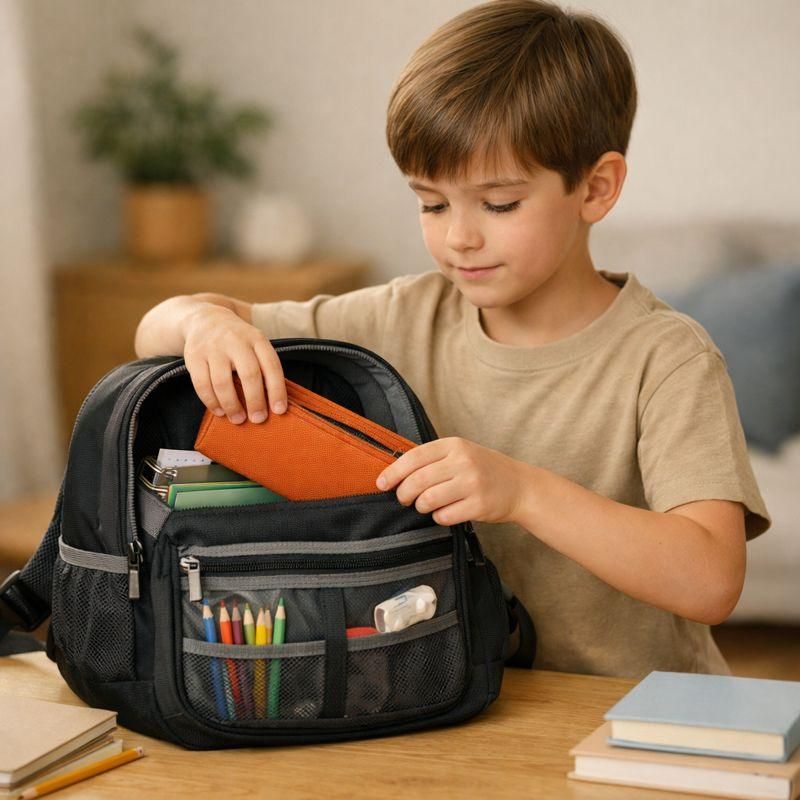 kid bringing out book from his backpack
