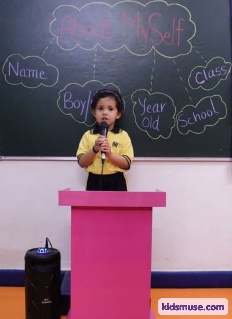 kid introducing herself in classroom