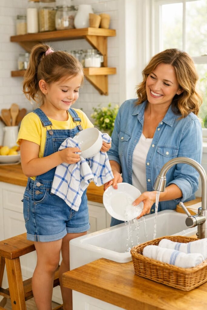 picture of a kid washing plate with mom