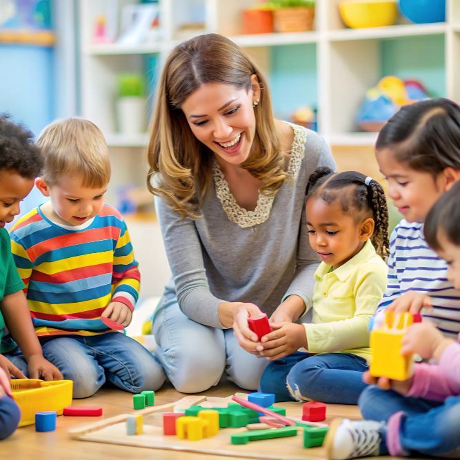 kids playing with teacher as first day of school activities