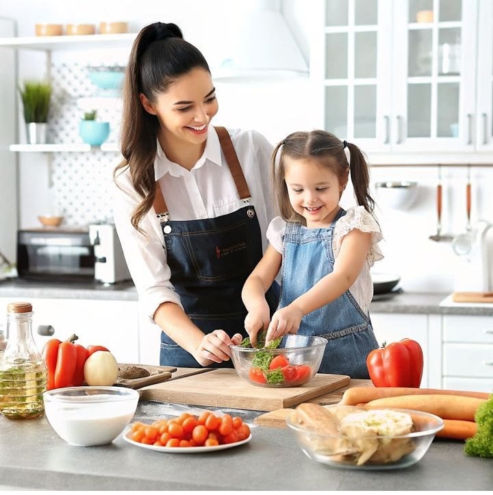 mom and child cooking together