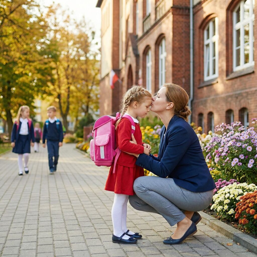 mom giving her kid a peck before going to school