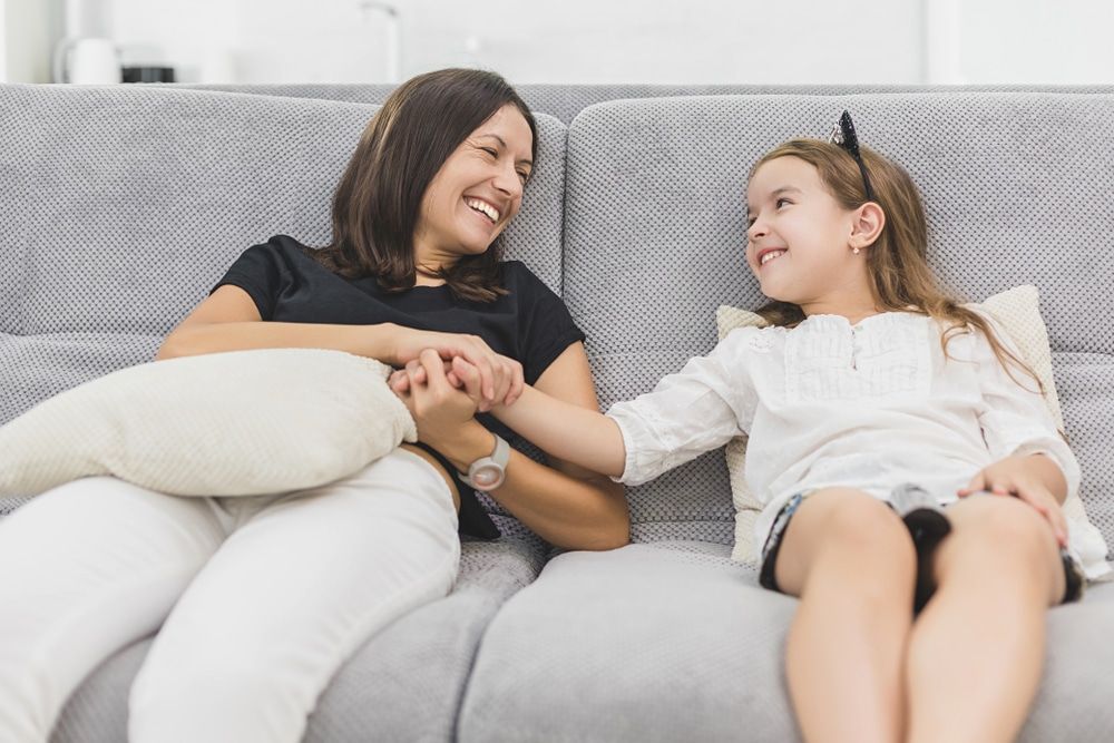 mom and kid chatting