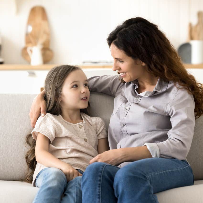 mom and kid talking at home