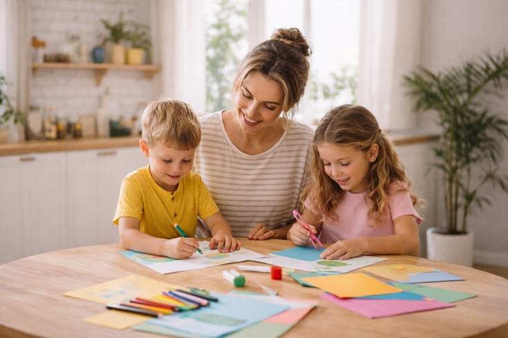 mom and kids doing homework