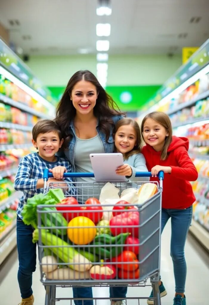 mom and kids shopping groceries
