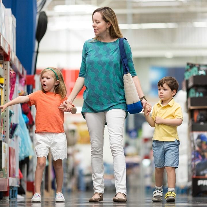 mom and kids going to shop