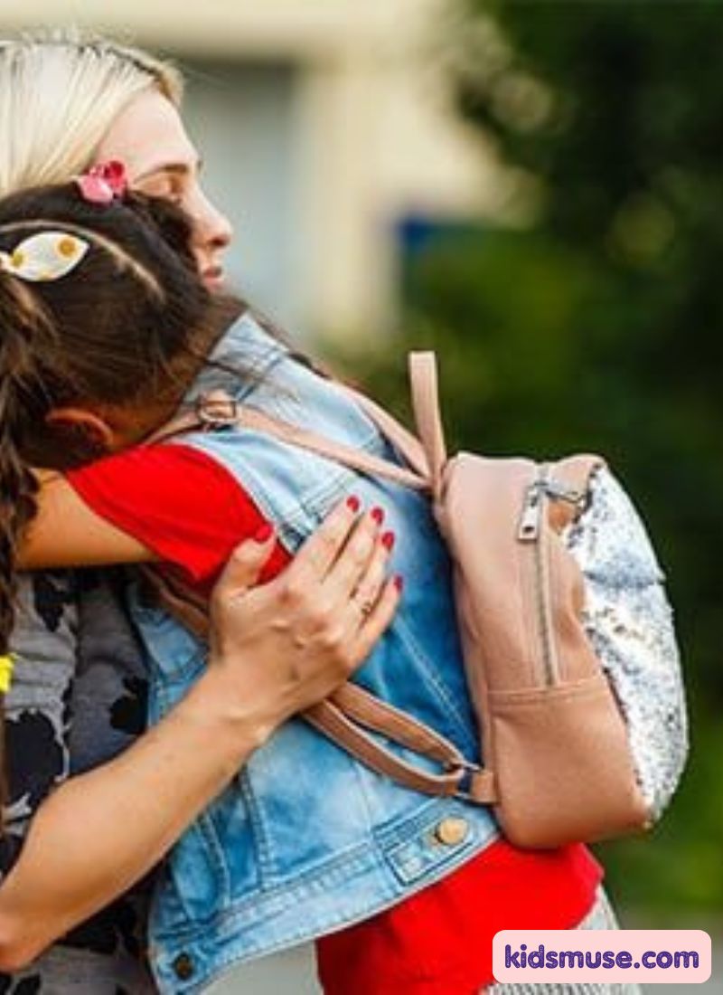 mon hugging her child after seeing her off to school