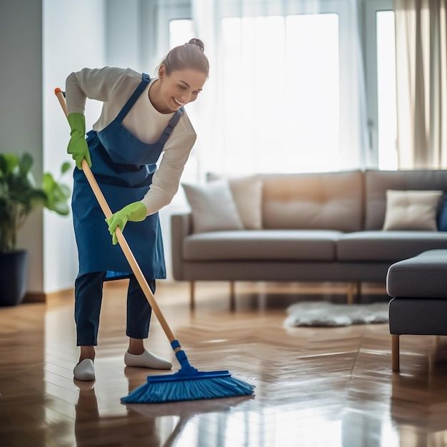 mom sweeping the house