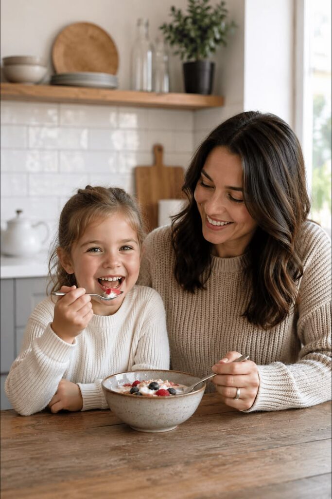 picture of a mother watching her child eat