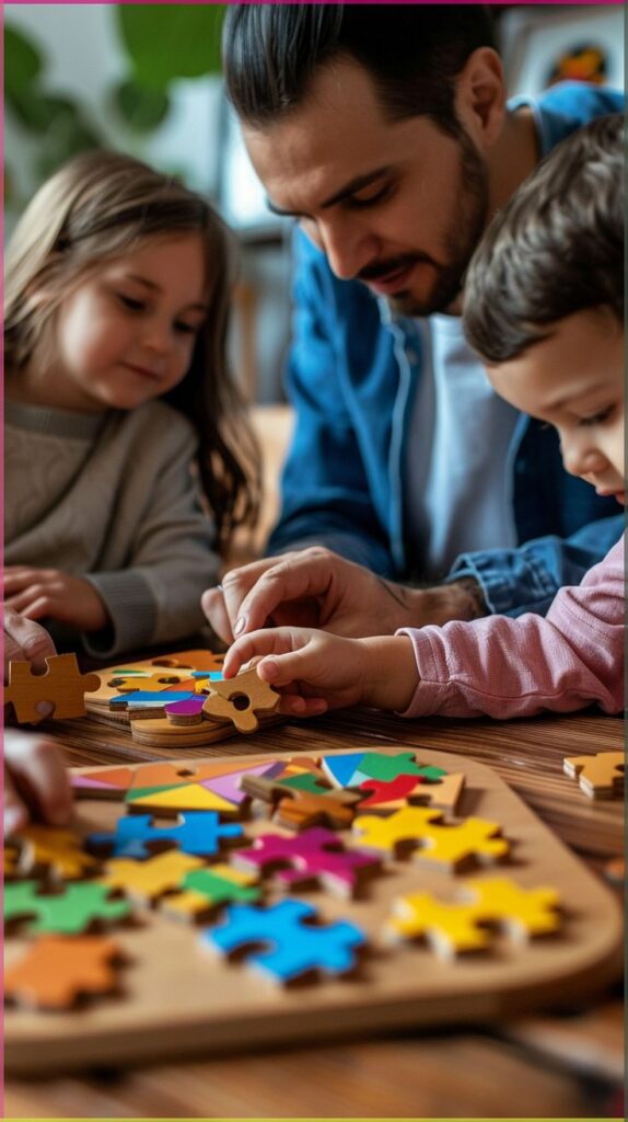 dad and kids solving puzzle