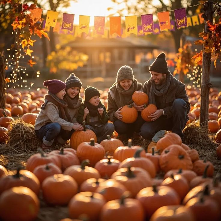 family wearing a covered clothes a pumpkin patch day eseentail