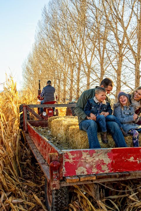 dad and kids on a hayride as one of the fun fall activities for kids