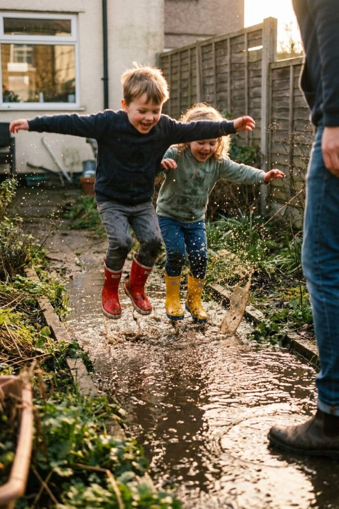 kids enjoying puddle jumping after rain