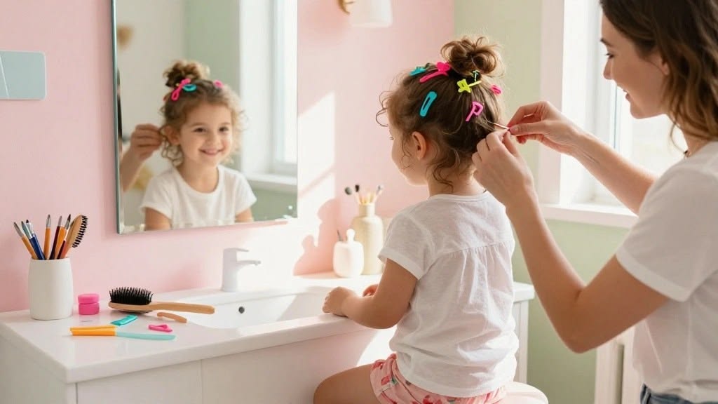 mom arranging her kids' hair