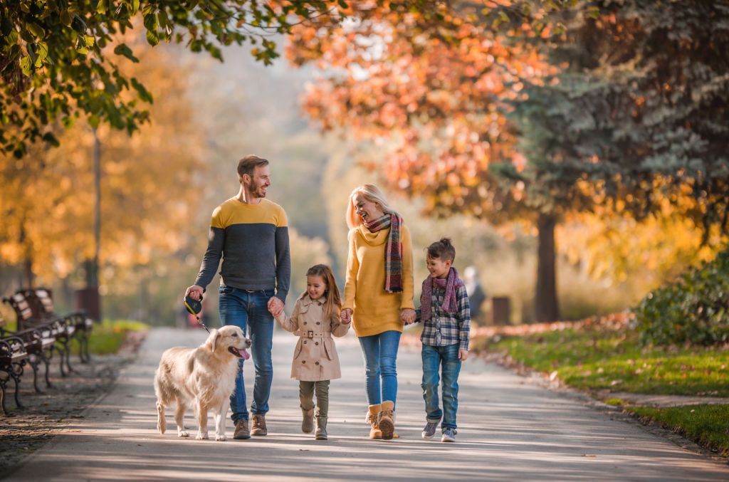family taking evening walk