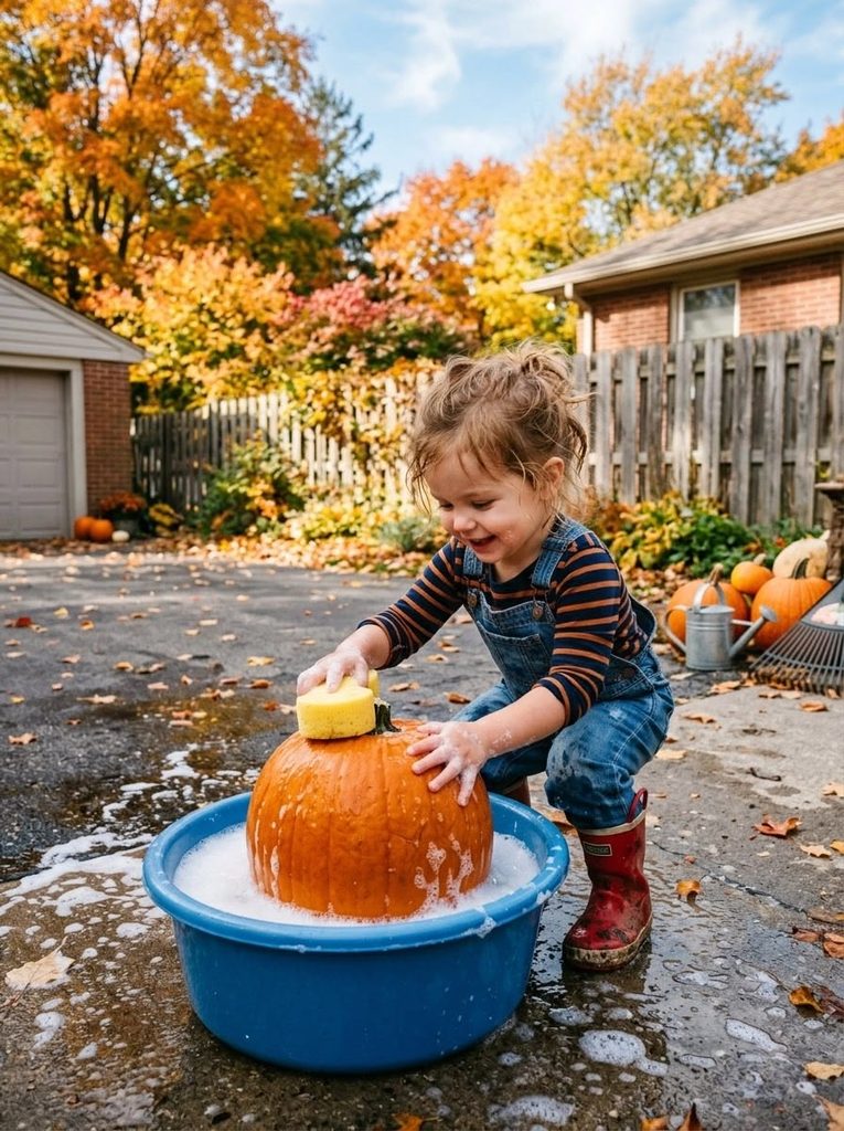 toddler washing halloween pumpkin