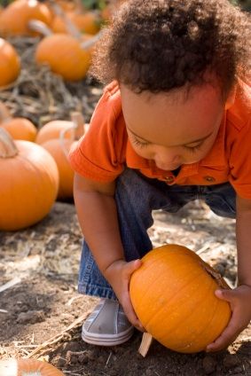 kid trying to lift pumpkin