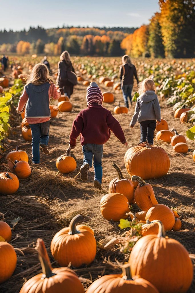 kids running around the pumpkin patch