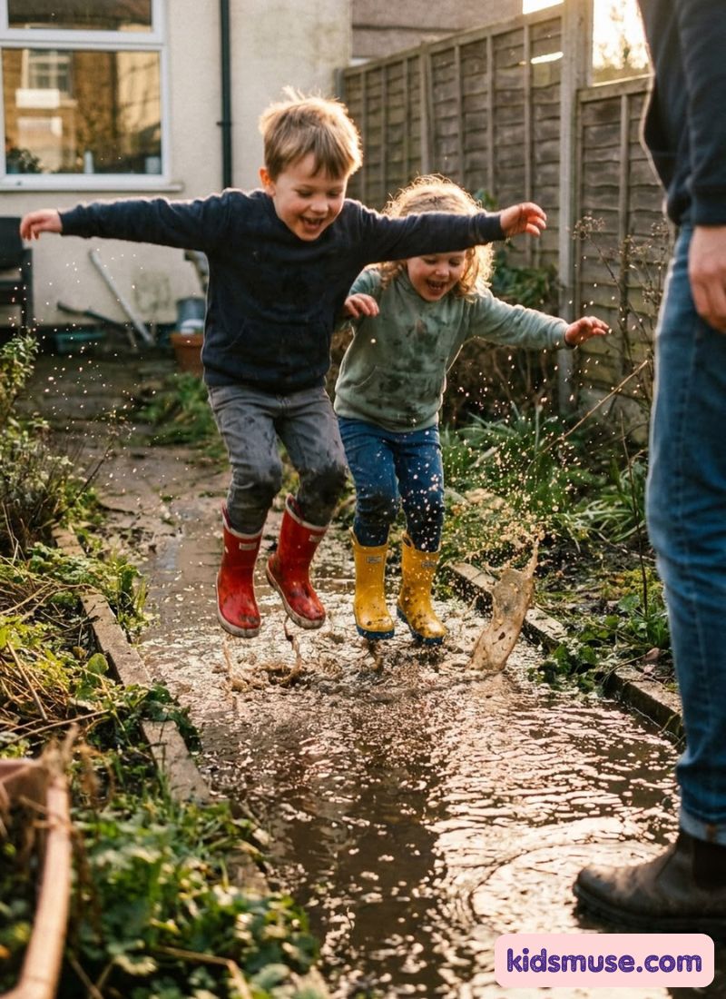 kids puddle jumping after rain