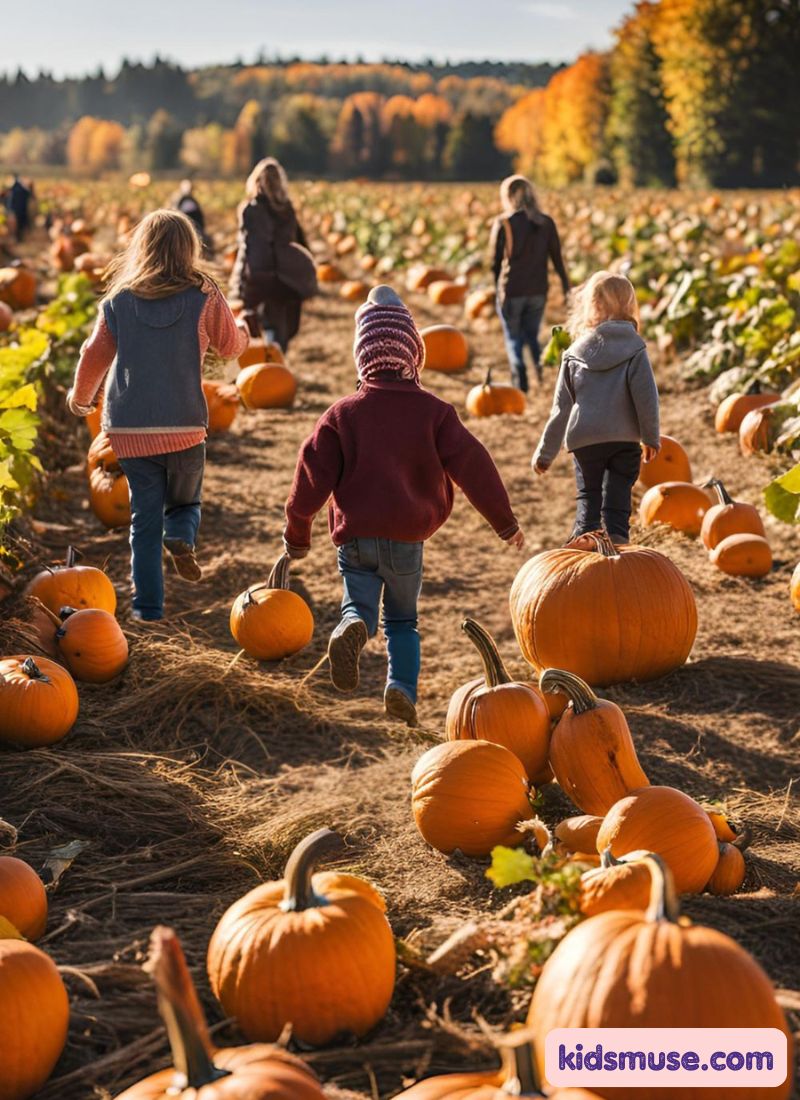 kids running around in the pumpkin patch