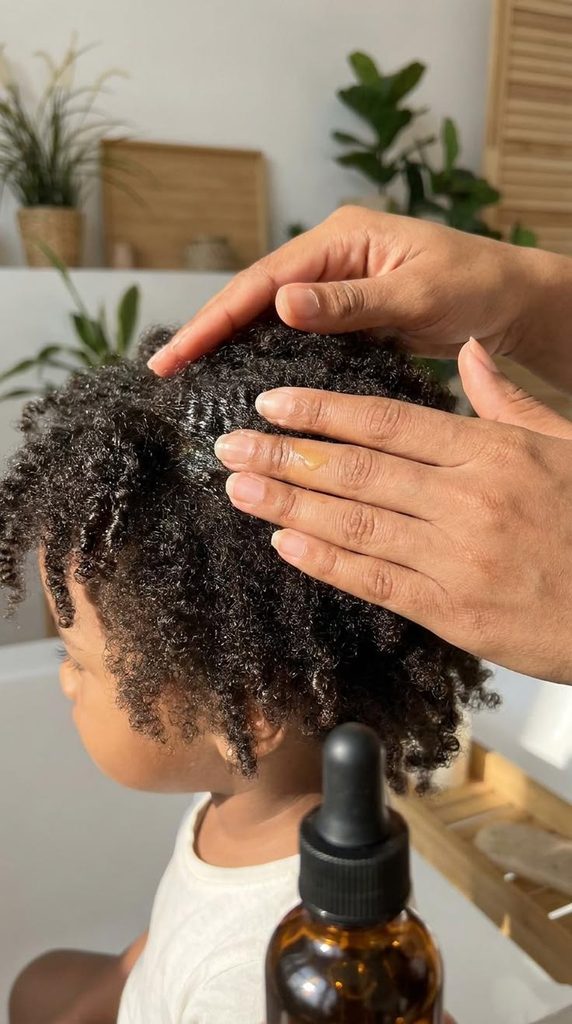 mom moisturizing her child's hair