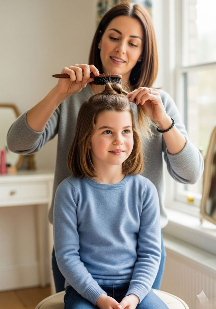 mom styling her child's hair