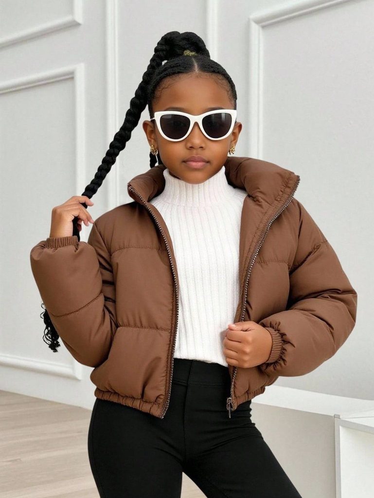 kid in athletic leggings with cropped puffer jacket