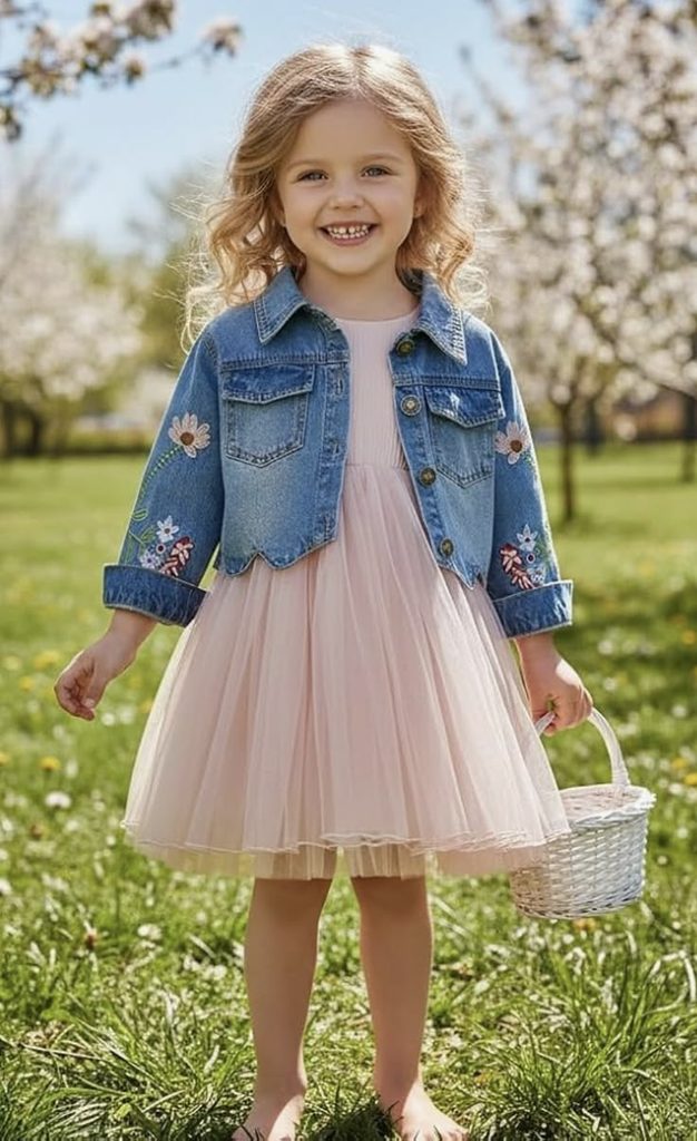 kid in basic denim jacket with a dress