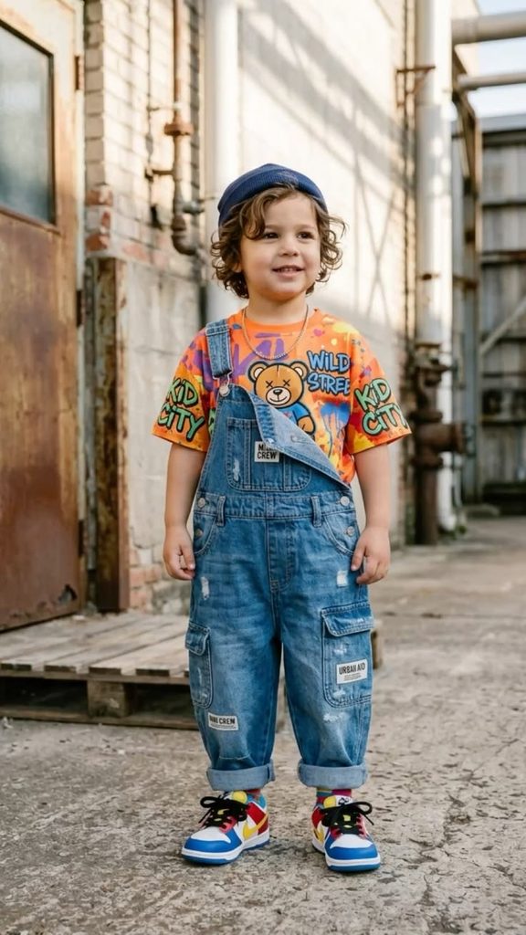 kid in basic denim overall with graphic tee