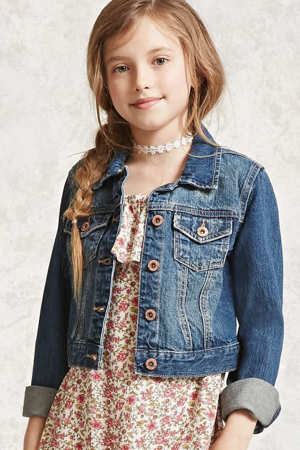 kid in basic dress with a denim jacket as everyday outfits for kids