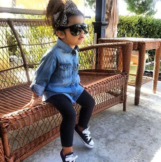 kid in basic leggings with a denim shirt