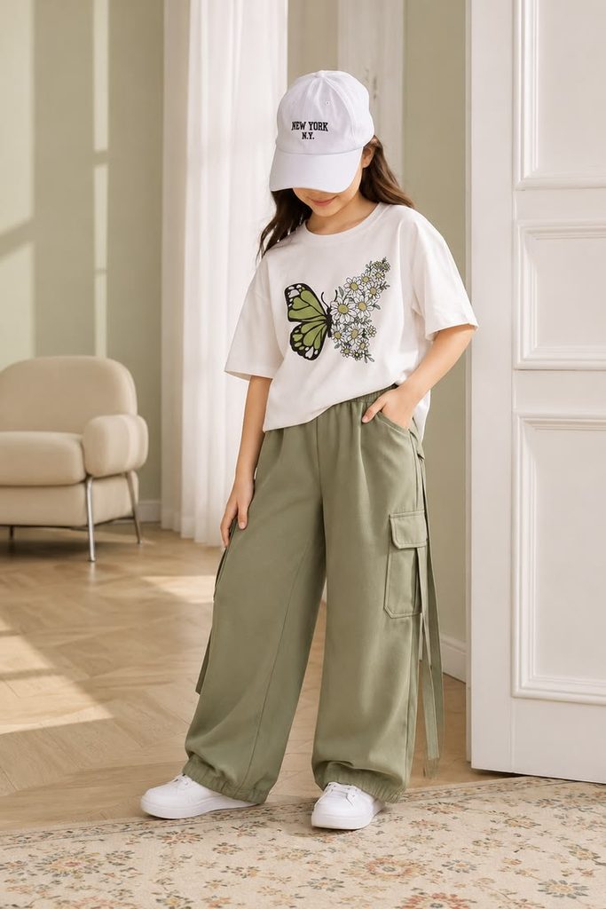 kid in cargo joggers with graphic tee