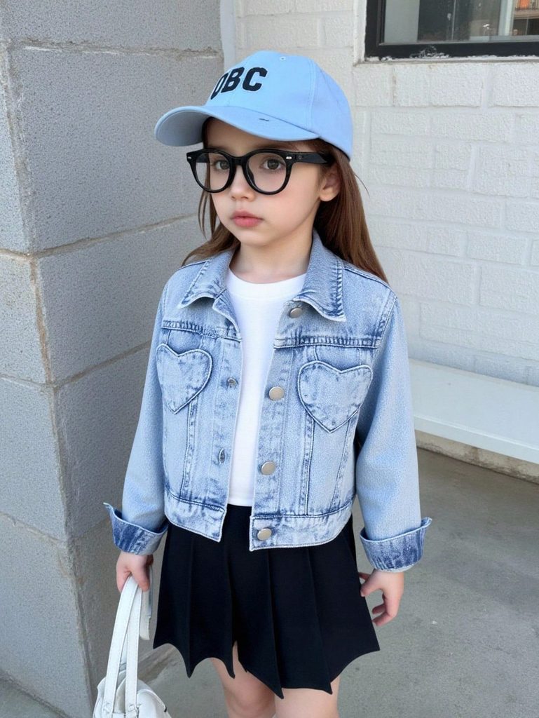 kid in blue denim jacket and black short skirt as trendy outfits for girls