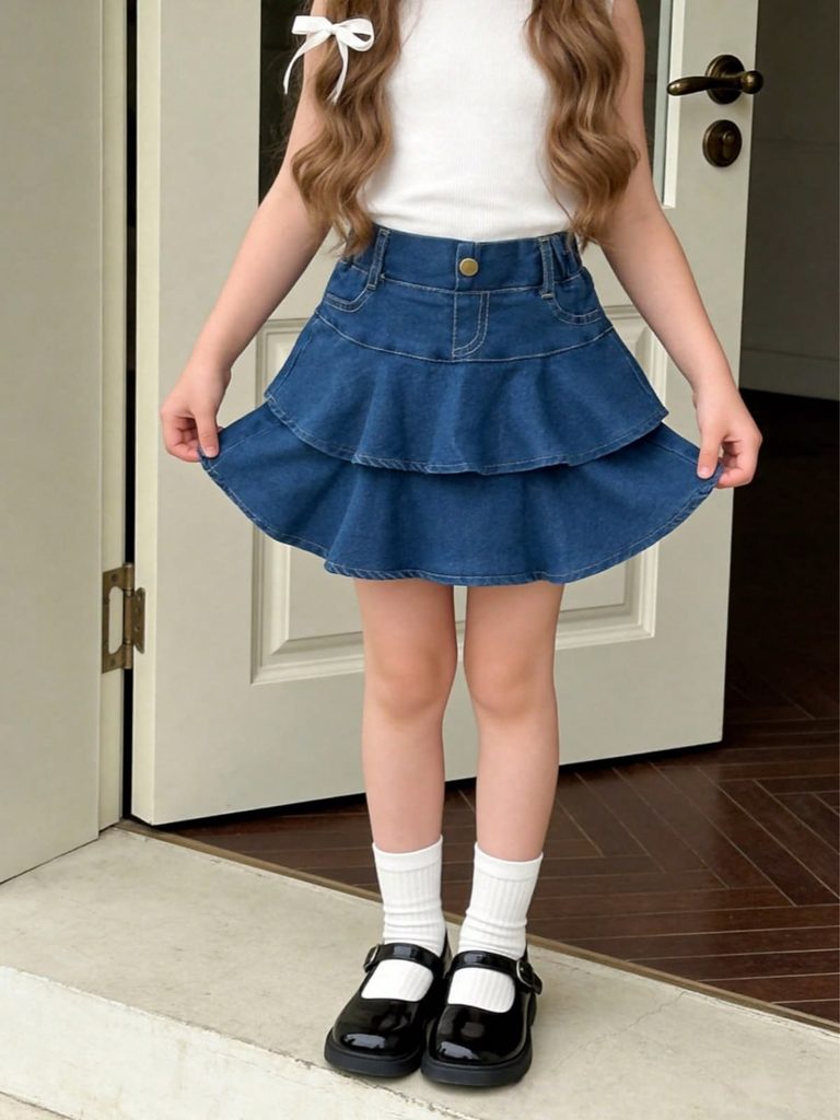 kid in classic denim skirt