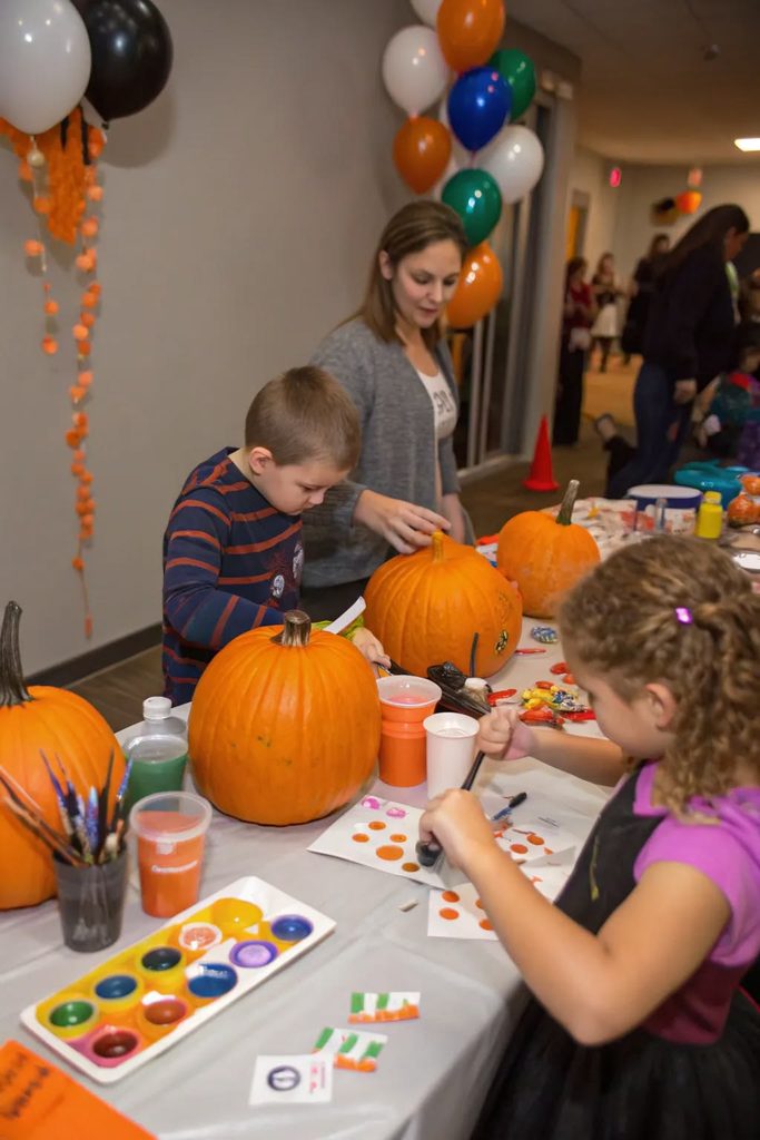 kids painting pumpkin as one of halloween school party ideas