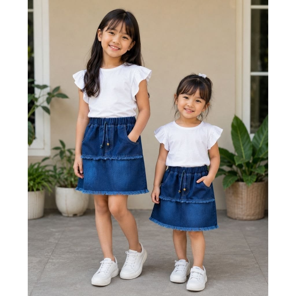 kids in matching denim skirts