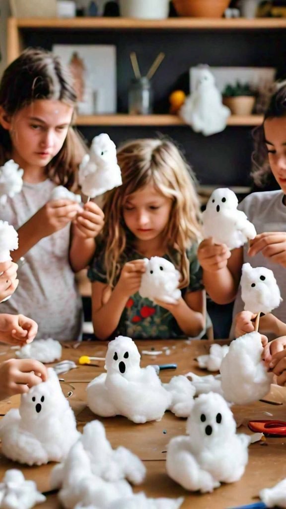 kids making ghost crafts as halloween activities for kids who don't like being scared