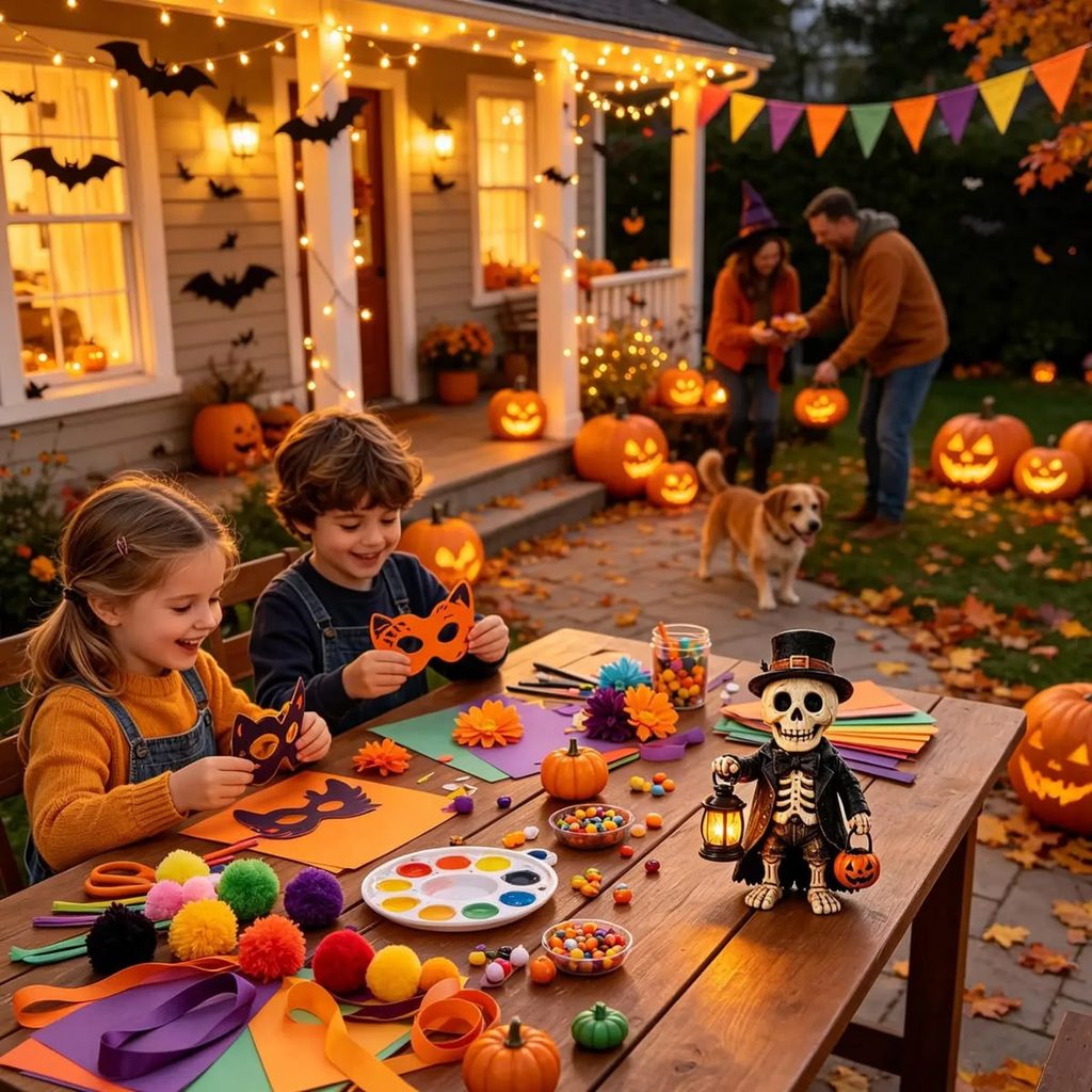 family decorating home for halloween as halloween traditions for kids