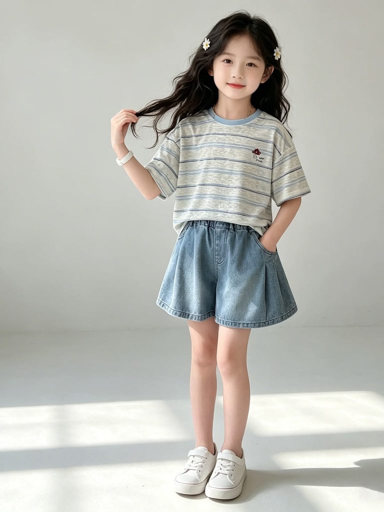 kid in denim culottes with a Tee