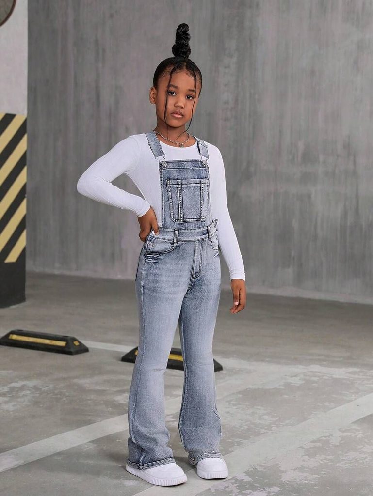 kid in denim overall with stretch panels as stylish outfit ideas for active kids