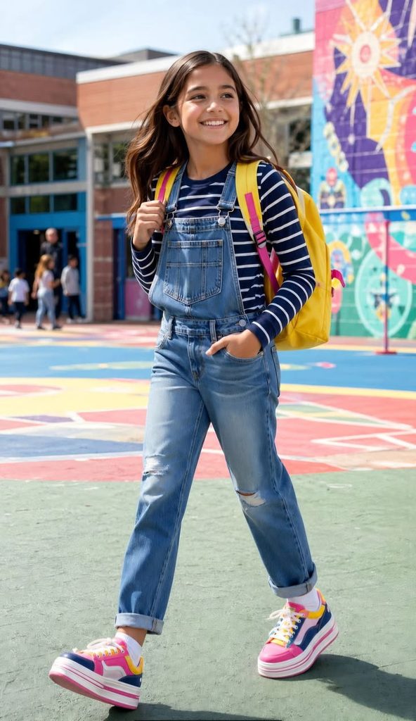 kid in denim overalls with a stripped top